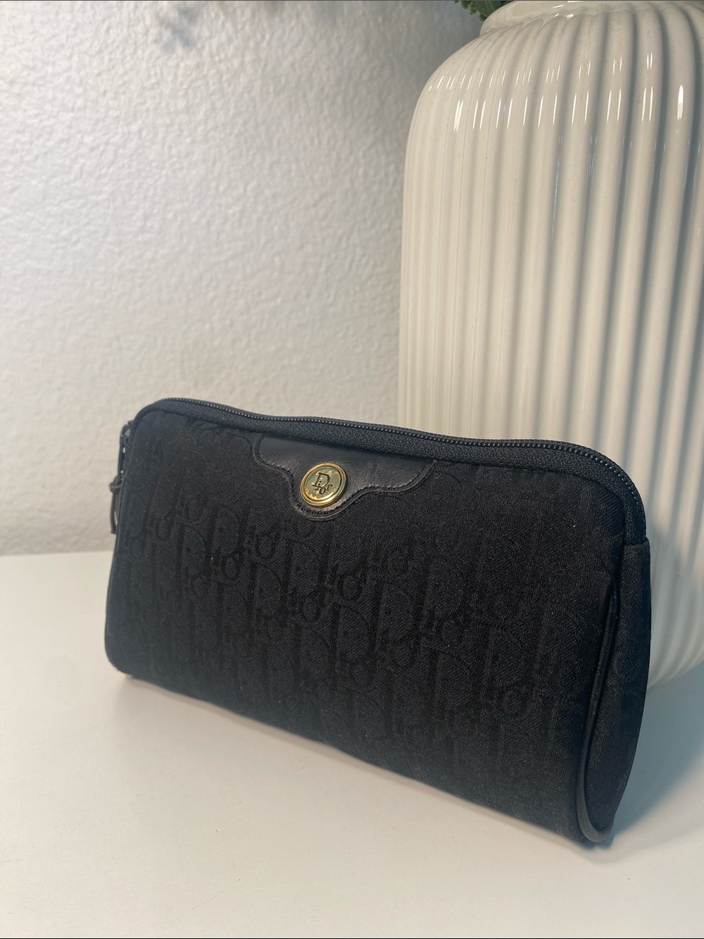 Vintage Christian Dior Canvas Trotter Cosmetic Pouch With Leather Trim